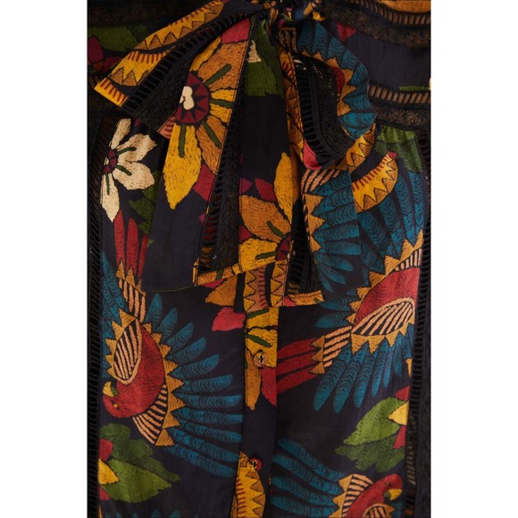 Farm Rio Macaw Ballet Blouse S L XL Ladder-Stitch Neck-Tie Floral Tropical Print - Picture 4 of 7